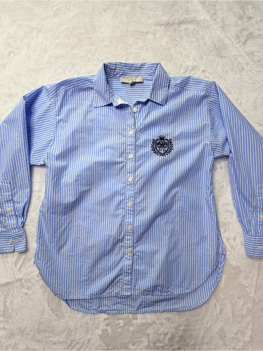 LOFT Blue Stripe Button-Up Shirt with crest,preppy,old money, academia, Cotton